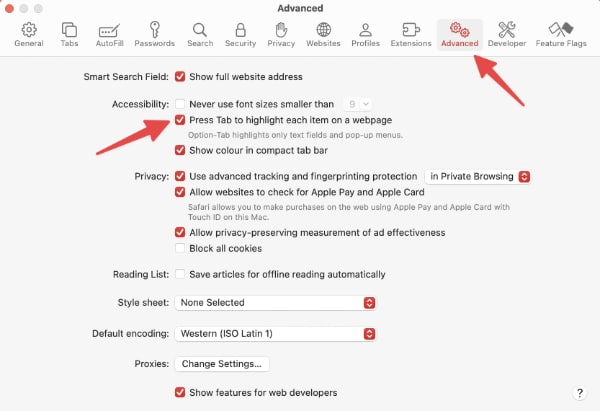 Safari app settings